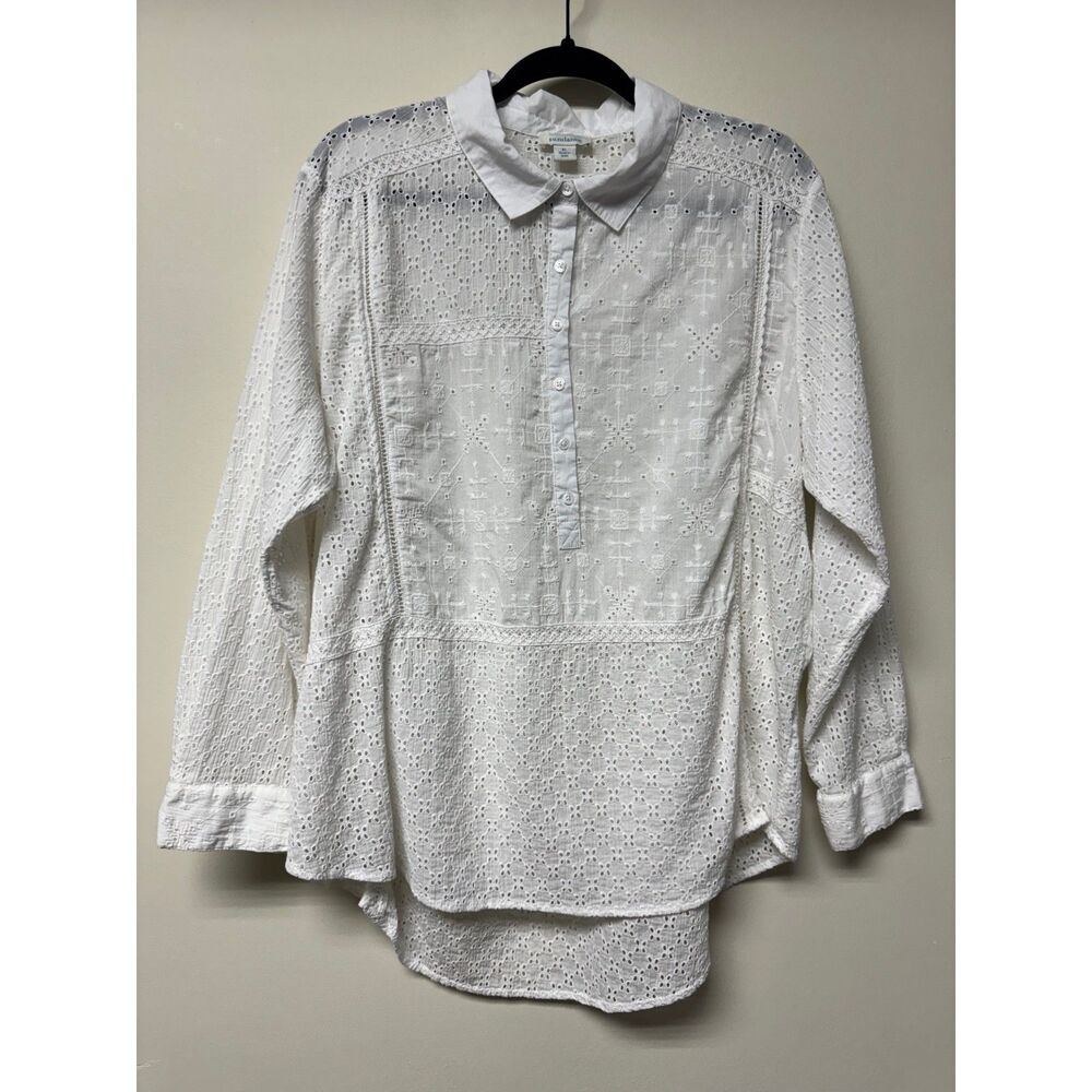 SUNDANCE White Eyelet Button Front Popover Long Sleeve Blouse, 100% Cotton, XL